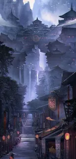 Mystical mountain village at dusk with ethereal architecture and glowing lights.