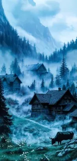 Mystical alpine village with fog and mountains