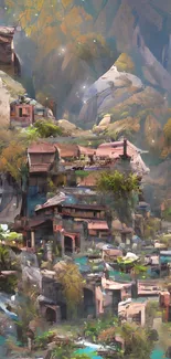 Digital art of a mystical mountain village with lush greenery and vibrant detail.