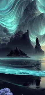 Mystical teal mountains with ethereal lights in a surreal landscape.