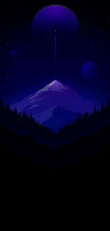 Mystical mountain with starry night sky and dark blue hues.