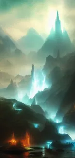 Mystical mountain landscape with vibrant teal light and peaks.