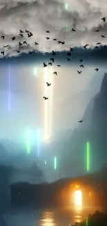 Mystical mountain wallpaper with glowing lights and birds in a foggy ambiance.