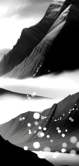 Monochrome mountain landscape with glowing orbs and abstract design.