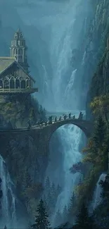 Mystical mountain landscape with waterfalls and a medieval structure.