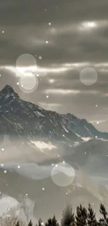 Ethereal snowflakes over a mystical mountain scene.