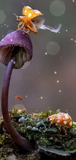 Purple mushroom with beetles in a forest wallpaper.