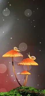 Snails on orange mushrooms under a tranquil forest backdrop.