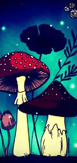 Fantasy mushroom art wallpaper with teal glow background.