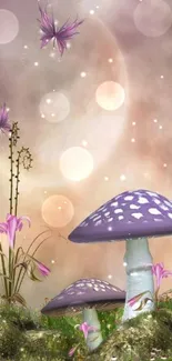 Mystical scene with purple mushrooms and butterflies under a glowing moon.