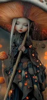 Mystical fairy stands under a mushroom, surrounded by glowing orbs.