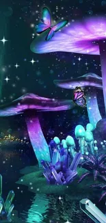 Mystical fantasy wallpaper with glowing mushrooms and butterflies.