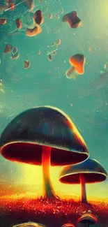 Surreal glowing mushrooms under a mystical teal sky in fantasy art wallpaper.