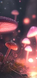 Mobile wallpaper with mystical glowing pink mushrooms in a fantasy scene.