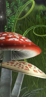 Whimsical mushroom forest wallpaper with lush green details.