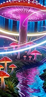 Magical mushroom forest with neon lights.