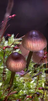 Mushrooms in a mystical forest with a glowing effect and lush greenery.