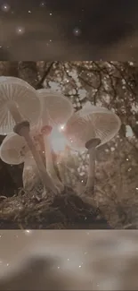 Magical mushroom forest with glowing fungi and starry sky.