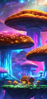 Fantasy mushroom forest under a cosmic sky.