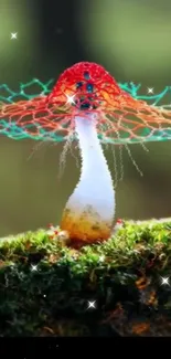 Mystical mushroom with glowing aura in a lush forest setting.