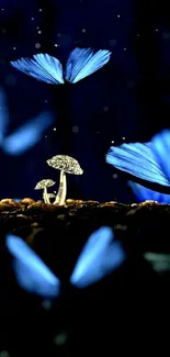 Ethereal blue butterflies flutter around glowing mushrooms on a dark background.