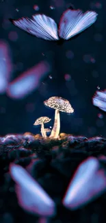 Glowing mushrooms and butterflies in a mystical forest wallpaper.