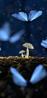 Glowing mushrooms and butterflies with a dark blue background.