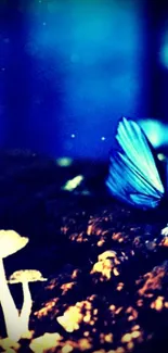 Mystical blue butterfly and glowing mushrooms wallpaper.