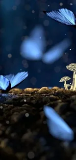 Mystical scene with glowing mushrooms and blue butterflies.