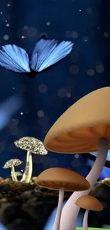 Mystical mushrooms and butterfly under a starry night sky on phone wallpaper.