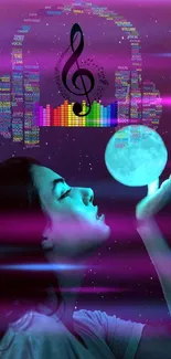 Artistic music and moon wallpaper with vibrant purple hues.