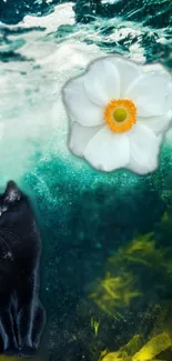 Mobile wallpaper with a black cat, white flower, and leopard on a teal aquatic background.