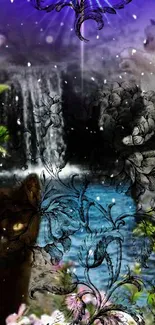 Mystical nature scene with cats, waterfall, and floral art on mobile wallpaper.