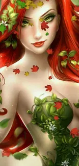 Mystical goddess with red hair in a leafy outfit, surrounded by vibrant leaves.