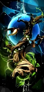 Mystical nature wallpaper with an artistic tree and celestial orb.