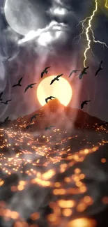 Mystical night scene with moon, birds, and volcanic glow.