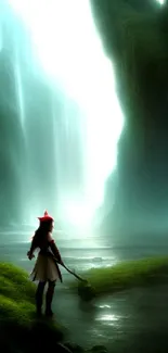 Mystical scene with a waterfall and lone figure in green landscape.