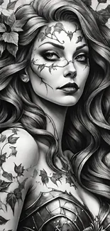 Artistic fantasy woman with leaf tattoos.