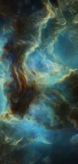 Mystical nebula wallpaper with vibrant blue and golden hues in cosmic design.