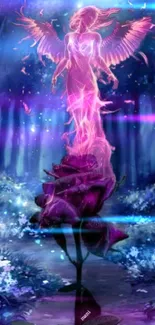 Mystical neon angel with glowing wings over a purple forest.