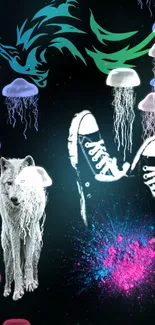 Neon wolf, jellyfish, and sneakers on a dark cosmic background.