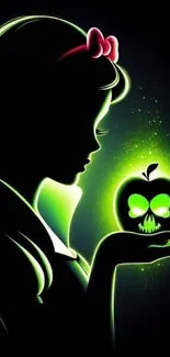 Silhouette with neon-glowing apple, mystical design.