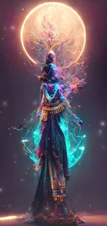 Mystical neon art wallpaper with radiant glowing figure.