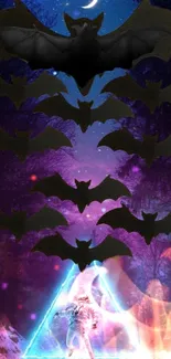 Surreal scene with neon triangle and bats in a cosmic night setting.