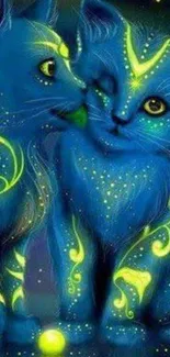 Mystical neon cats in vivid blue and green design.