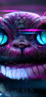 Mystical neon cat with glowing eyes on a vibrant dark background.