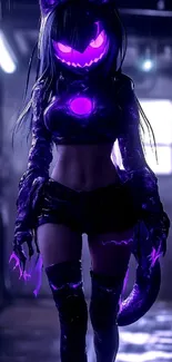 Anime character with glowing purple features in a dark setting.