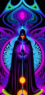 Mystical hooded figure in vibrant neon colors on a dark background.