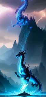 Neon blue dragon with lightning in a mystical mountainous landscape.