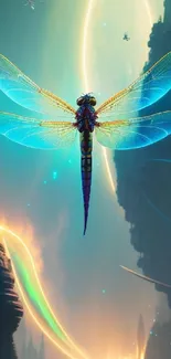 Vivid neon dragonfly against a mystical fantasy backdrop with celestial lights.